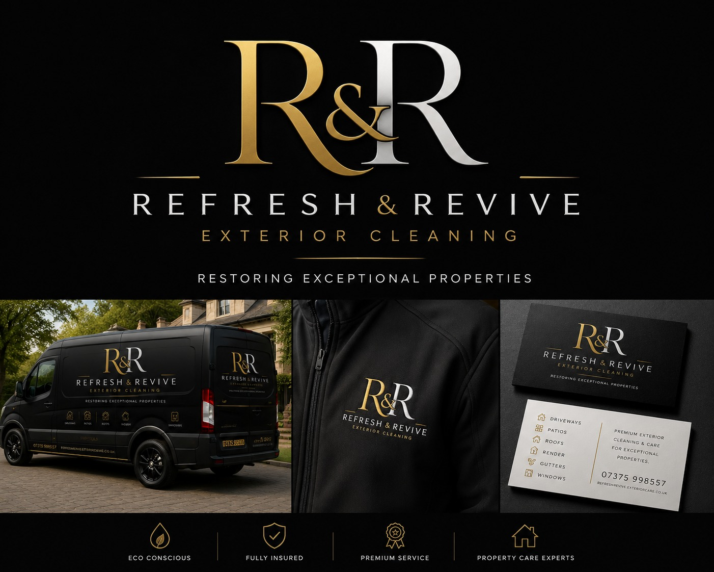 Refresh & Revive Exterior Cleaning — signature branded van, uniform and business card
